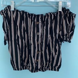 Francesca’s black and white/pink stripe off shoulder crop top